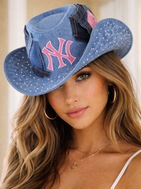 Upcycled NY pink Logo Blue patchwork denim Cowboy Hat with studded Accent